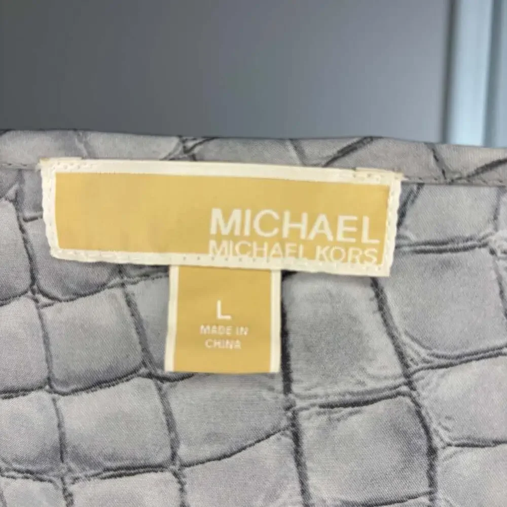 Michael Kors silky animal print top womens L gray open sleeve cinched waist